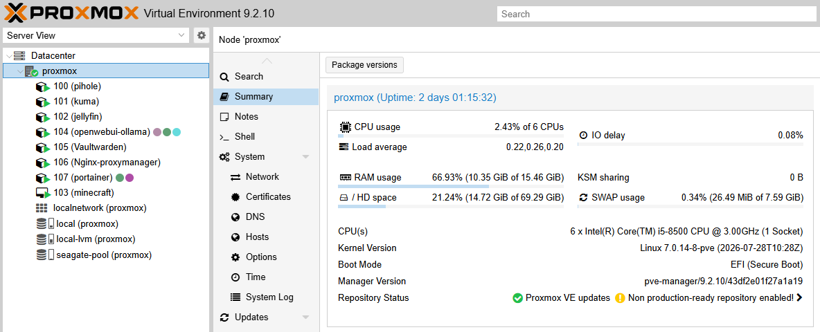 Proxmox VE Hardware & Storage Pool Dashboard Interface